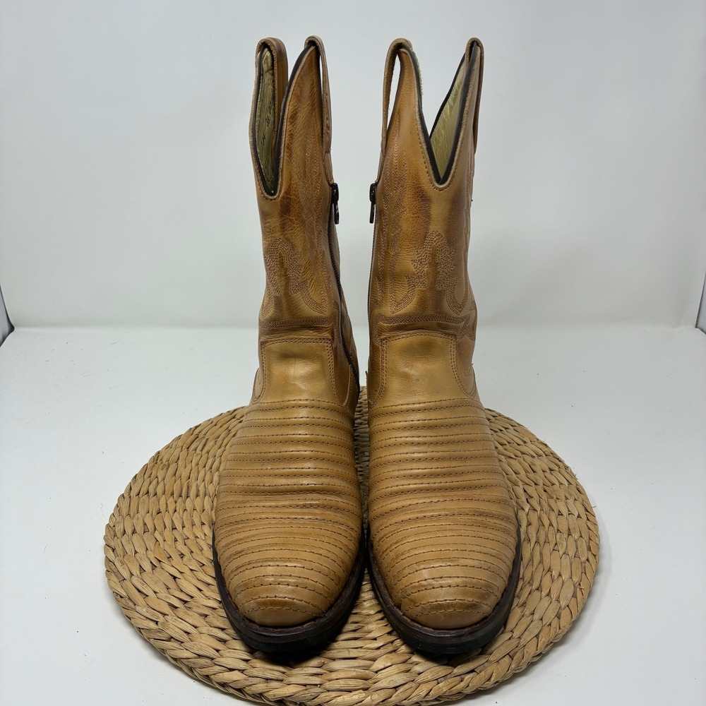 Tropeiro Tan Leather Cowboy Boots Side Zip Western Embroidered EU 38‎ US W 7.5